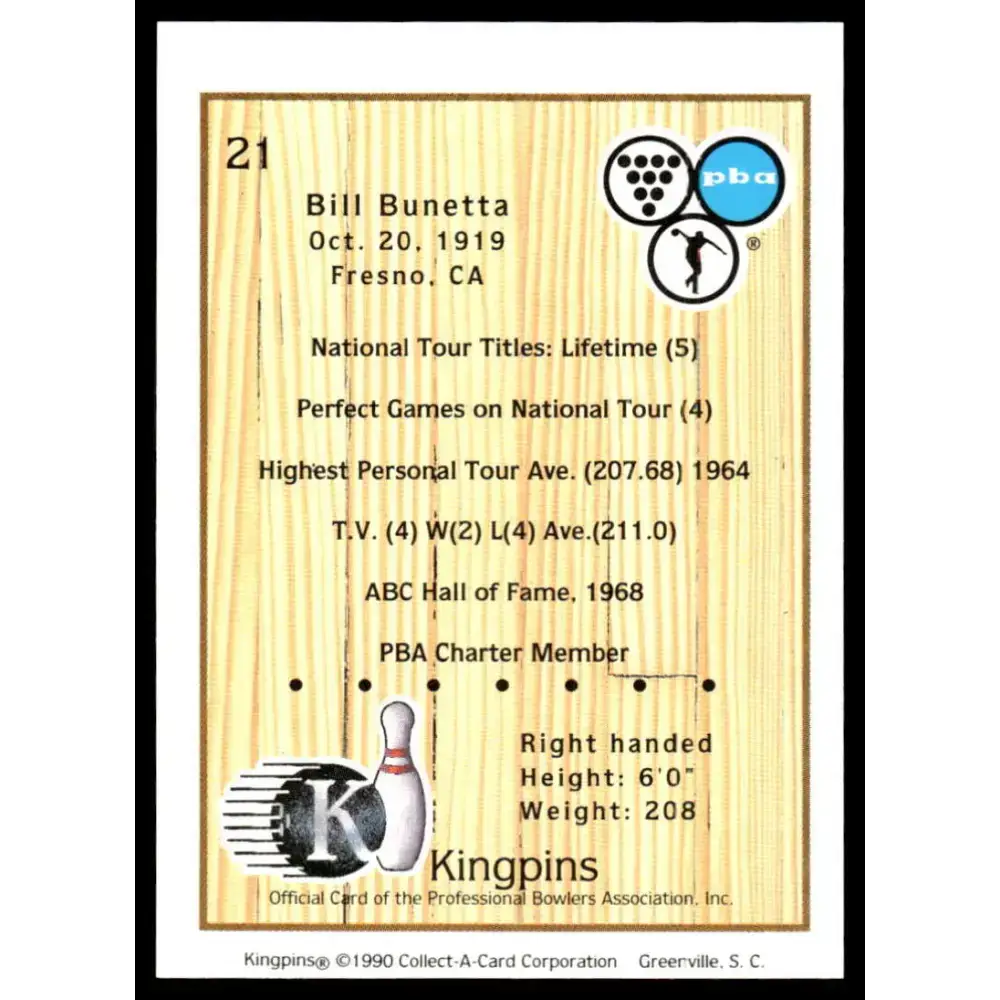 1990 Kingpins #21 Bill Bunetta NM-MT PBA Bowling Card - Other