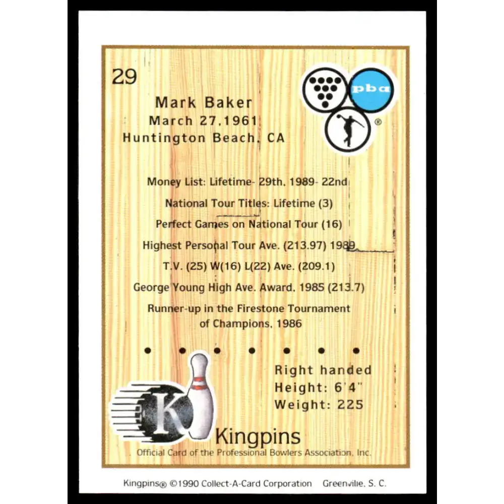 1990 Kingpins #29 Mark Baker NM-MT PBA Bowling Card - Other