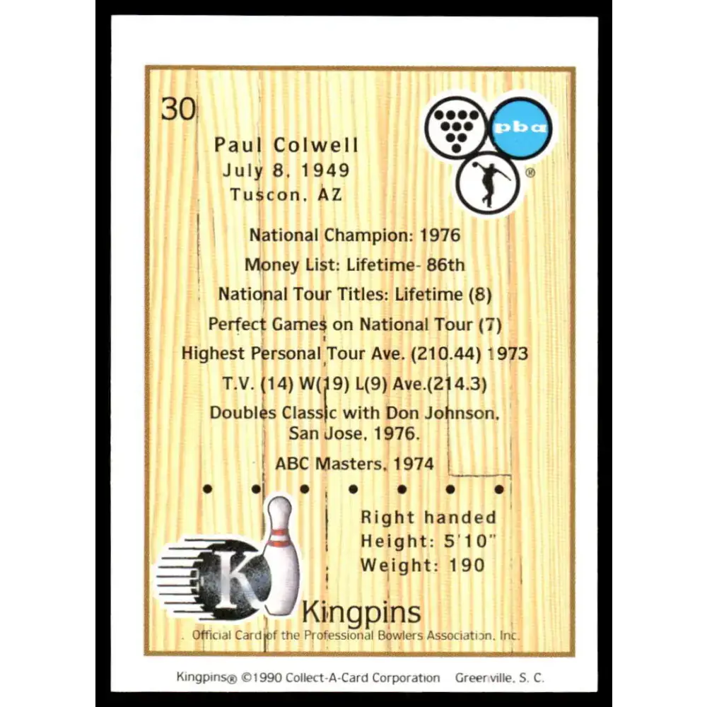 1990 Kingpins #30 Paul Colwell NM-MT PBA Bowling Card - Other