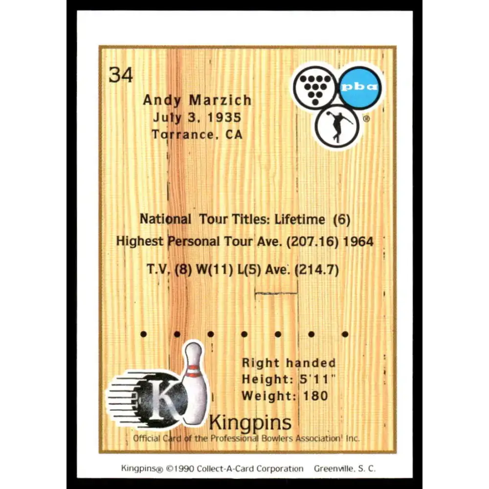 1990 Kingpins #34 Andy Marzich NM-MT PBA Bowling Card - Other