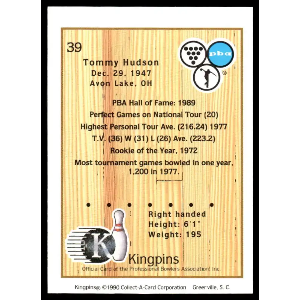 1990 Kingpins #39 Tommy Hudson NM-MT PBA Bowling Card - Other