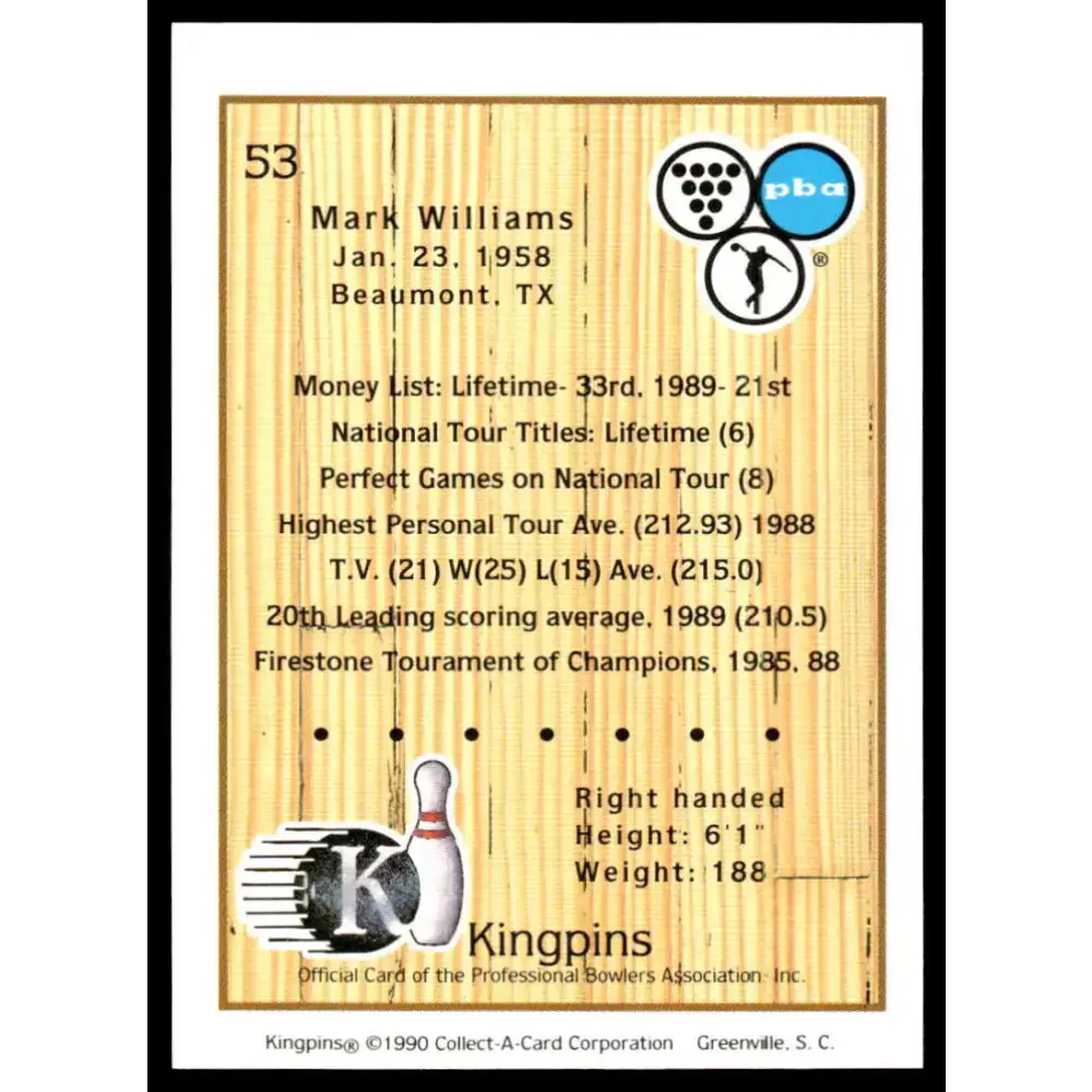 1990 Kingpins #53 Mark Williams NM-MT PBA Bowling Card - Other