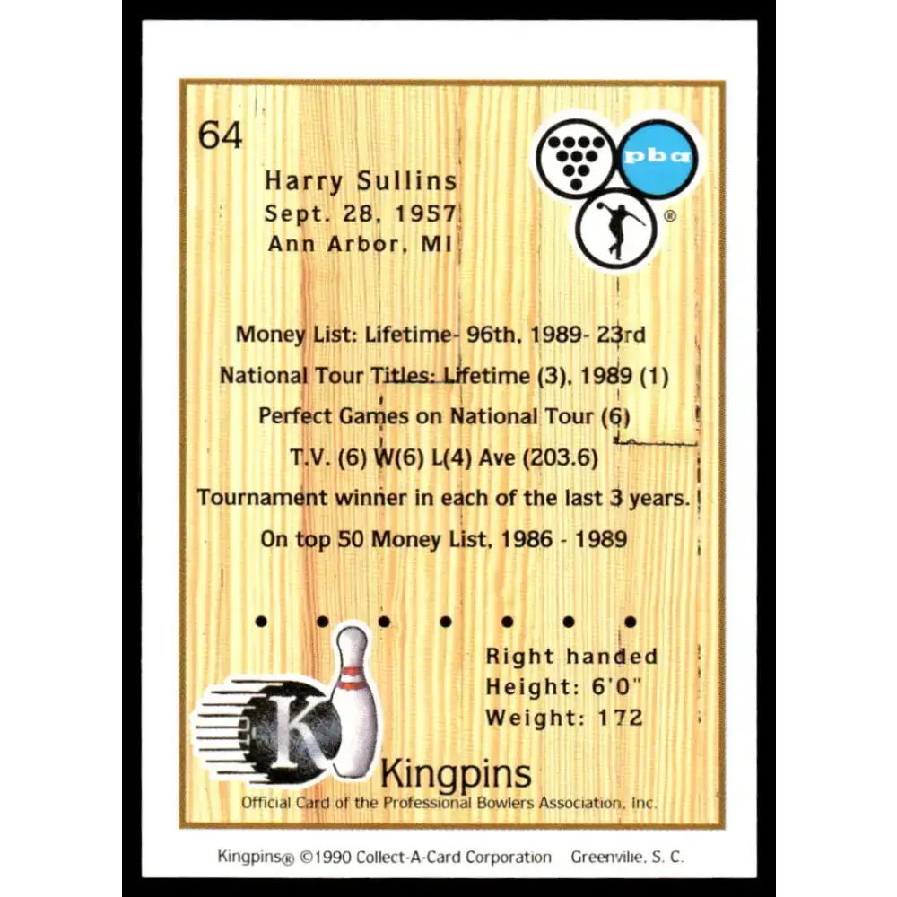 1990 Kingpins #64 Harry Sullins NM-MT PBA Bowling Card - Other