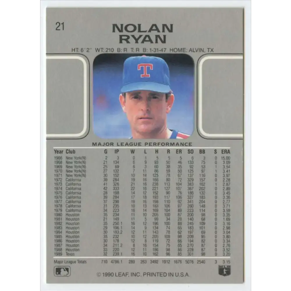 1990 Leaf #21 Nolan Ryan NM-MT Texas Rangers Baseball Card - Baseball Card Single