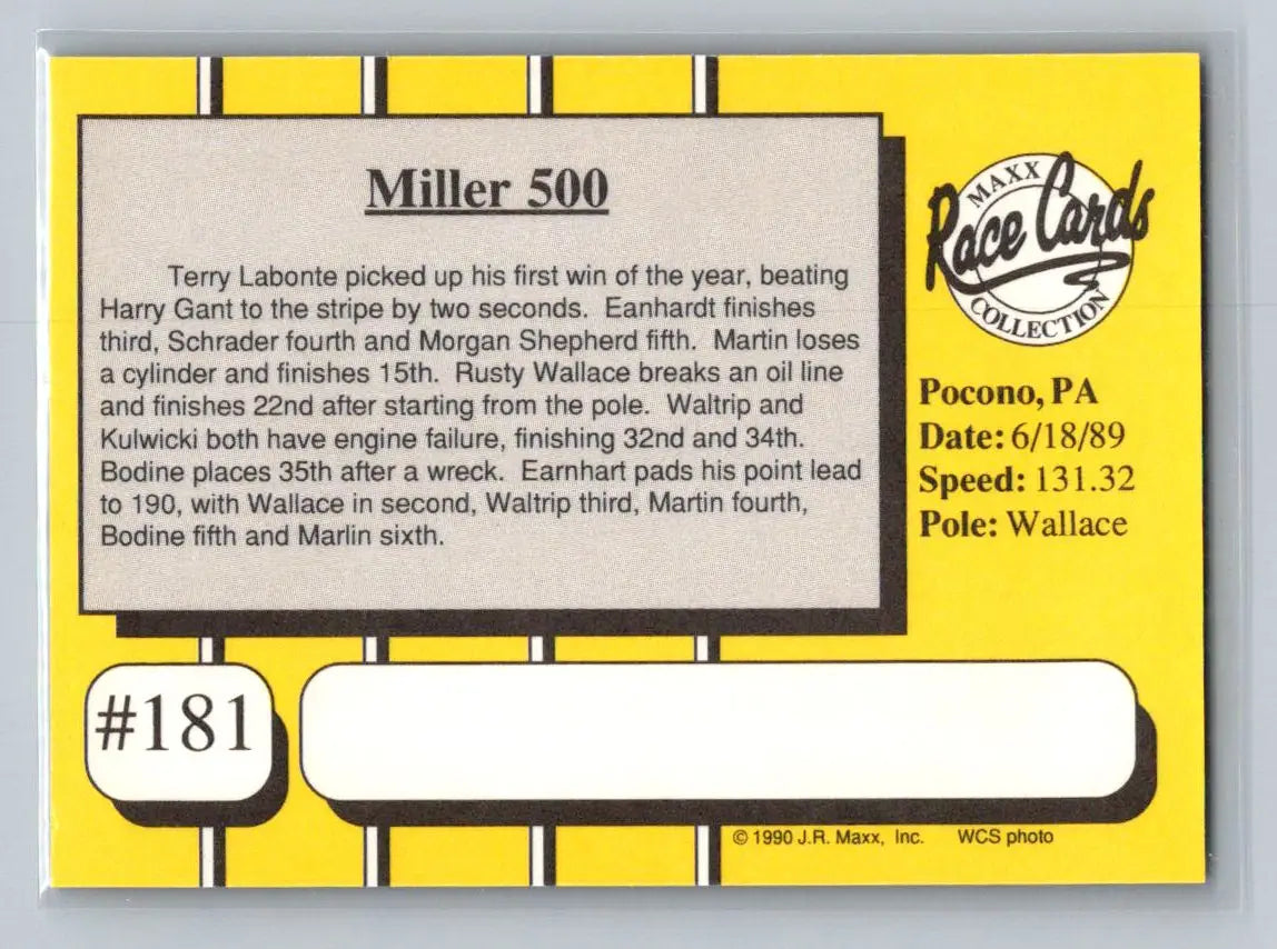 1990 Maxx #181 1989 Race #13 Junior Johnson & Associates - Racing Card Single