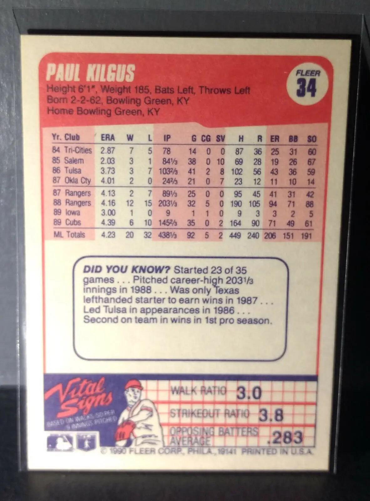 1990 Paul Kilgus Fleer Baseball Card #34 - Baseball Card Single