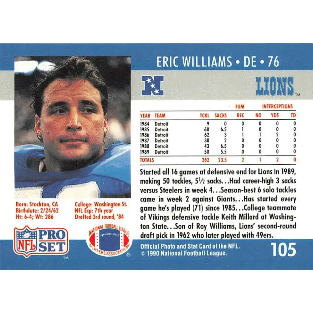 1990 Pro Set #105 Eric Williams NM-MT RC Rookie Detroit Lions Football Card - Football Card Single