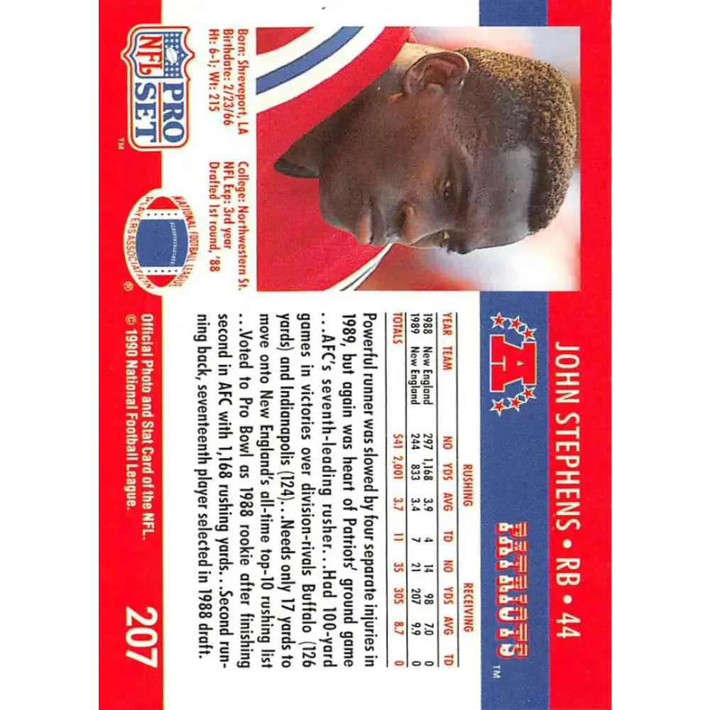 1990 Pro Set #207 John Stephens NM-MT New England Patriots Football Card - Football Card Single