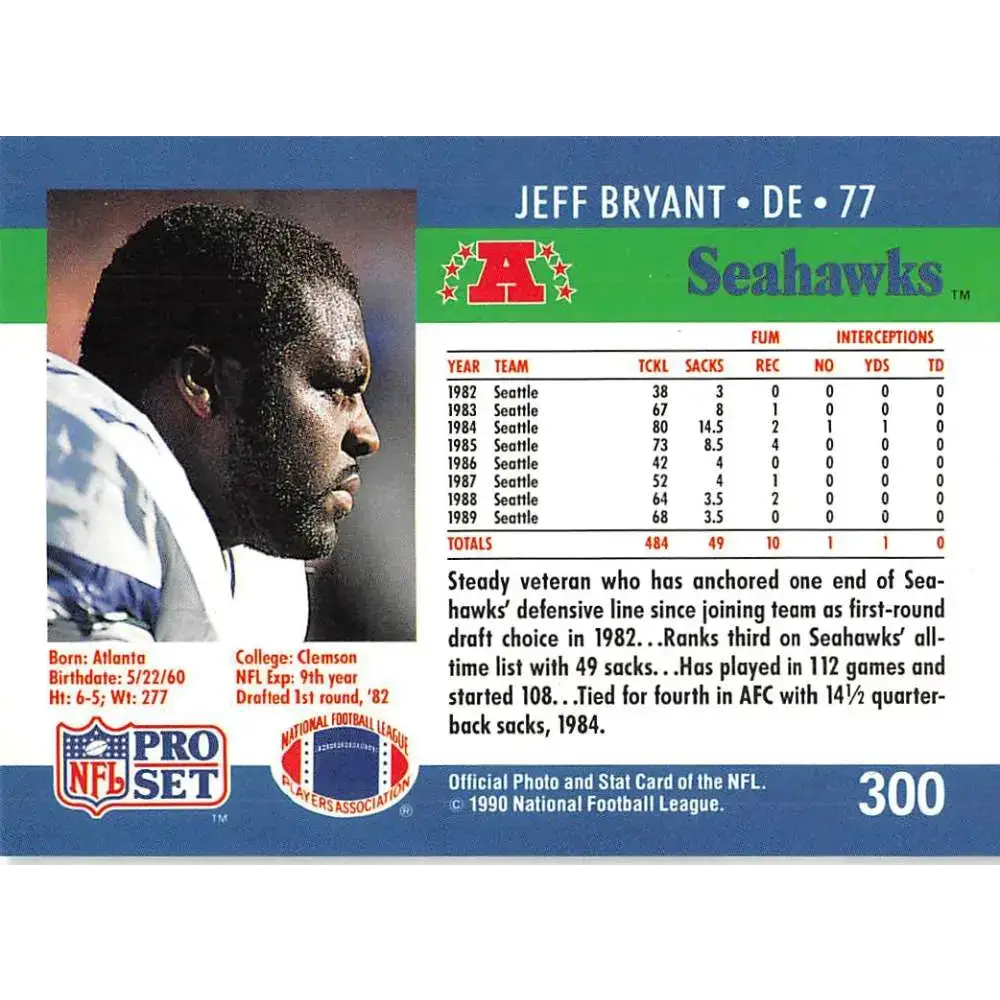 1990 Pro Set #300 Jeff Bryant NM-MT Seattle Seahawks Football Card - Football Card Single