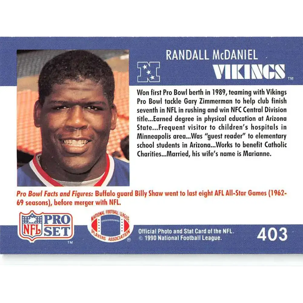 1990 Pro Set #403 Randall McDaniel NM-MT Minnesota Vikings Football Card - Football Card Single