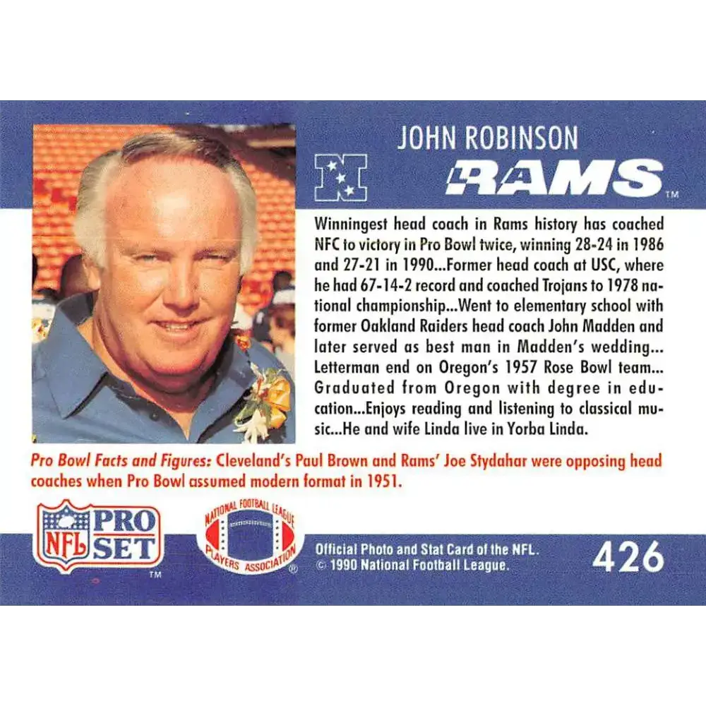 1990 Pro Set #426 John Robinson NM-MT Los Angeles Rams Football Card - Football Card Single