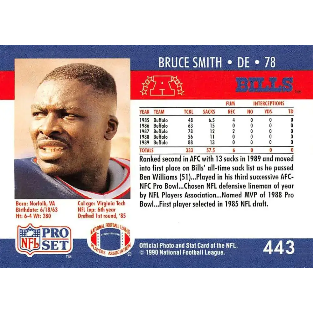 1990 Pro Set #443 Bruce Smith NM-MT Buffalo Bills Football Card - Football Card Single