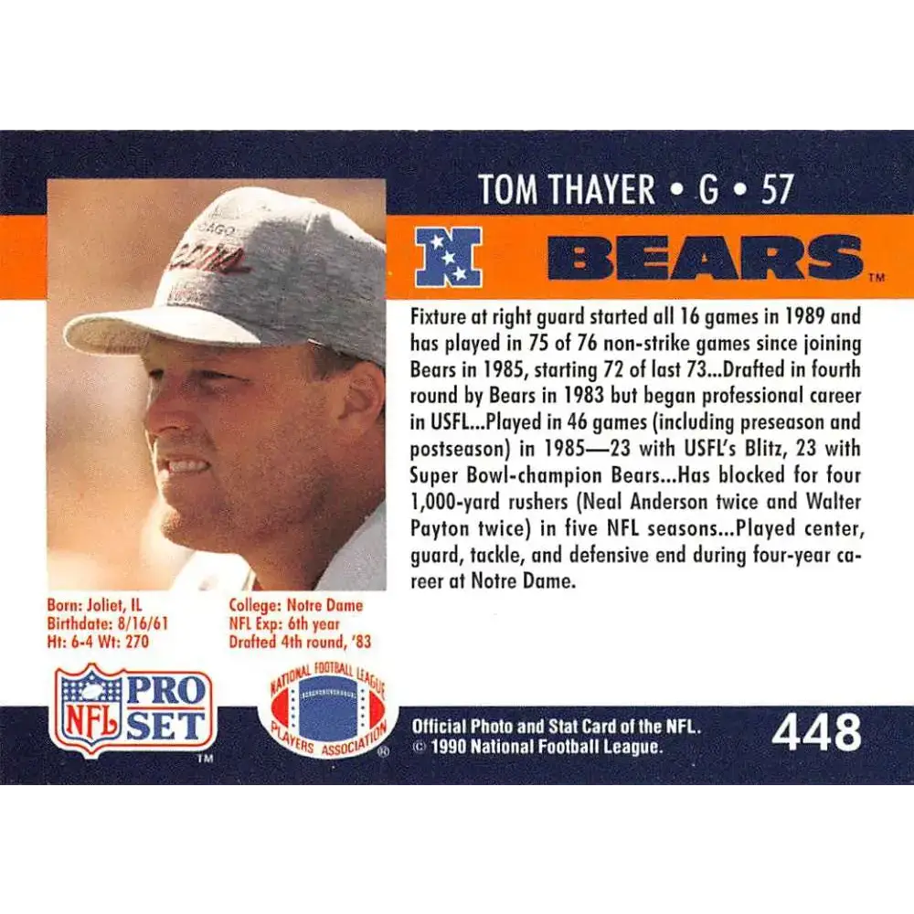 1990 Pro Set #448 Tom Thayer NM-MT RC Rookie Chicago Bears Football Card - Football Card Single
