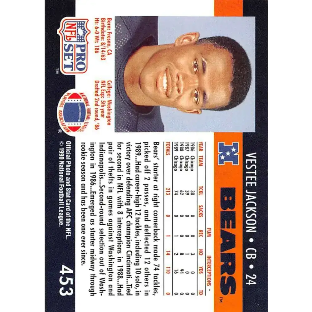 1990 Pro Set #453 Vestee Jackson NM-MT Chicago Bears Football Card - Football Card Single