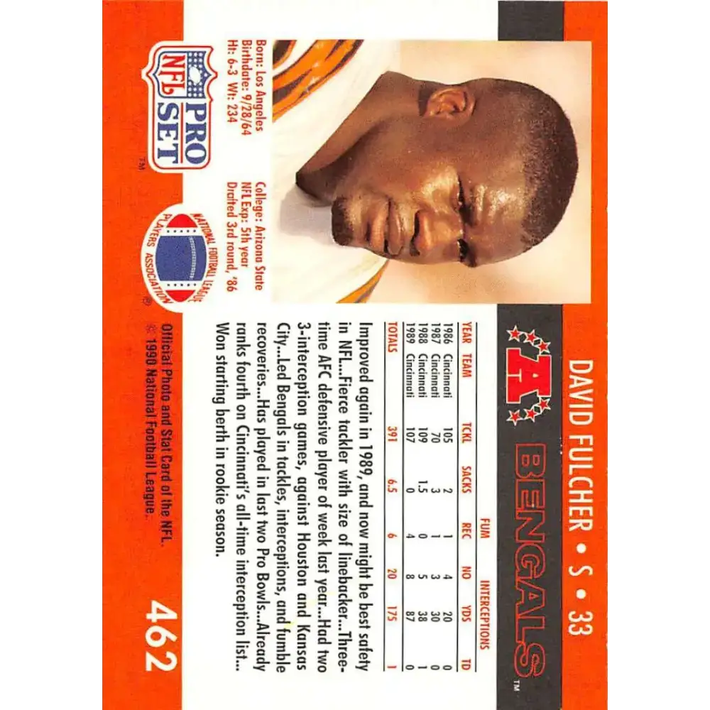 1990 Pro Set #462 David Fulcher NM-MT Cincinnati Bengals Football Card - Football Card Single