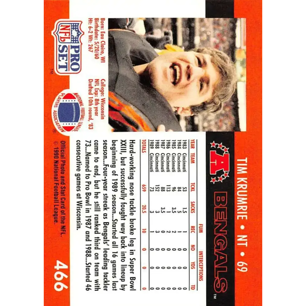 1990 Pro Set #466 Tim Krumrie NM-MT Cincinnati Bengals Football Card - Football Card Single