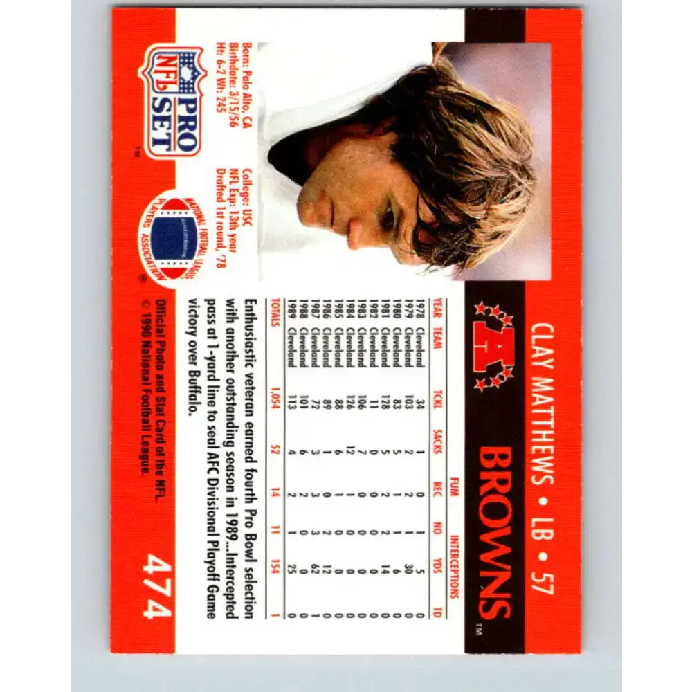 1990 Pro Set #474 Clay Matthews NM-MT Cleveland Browns Football Card - Football Card Single