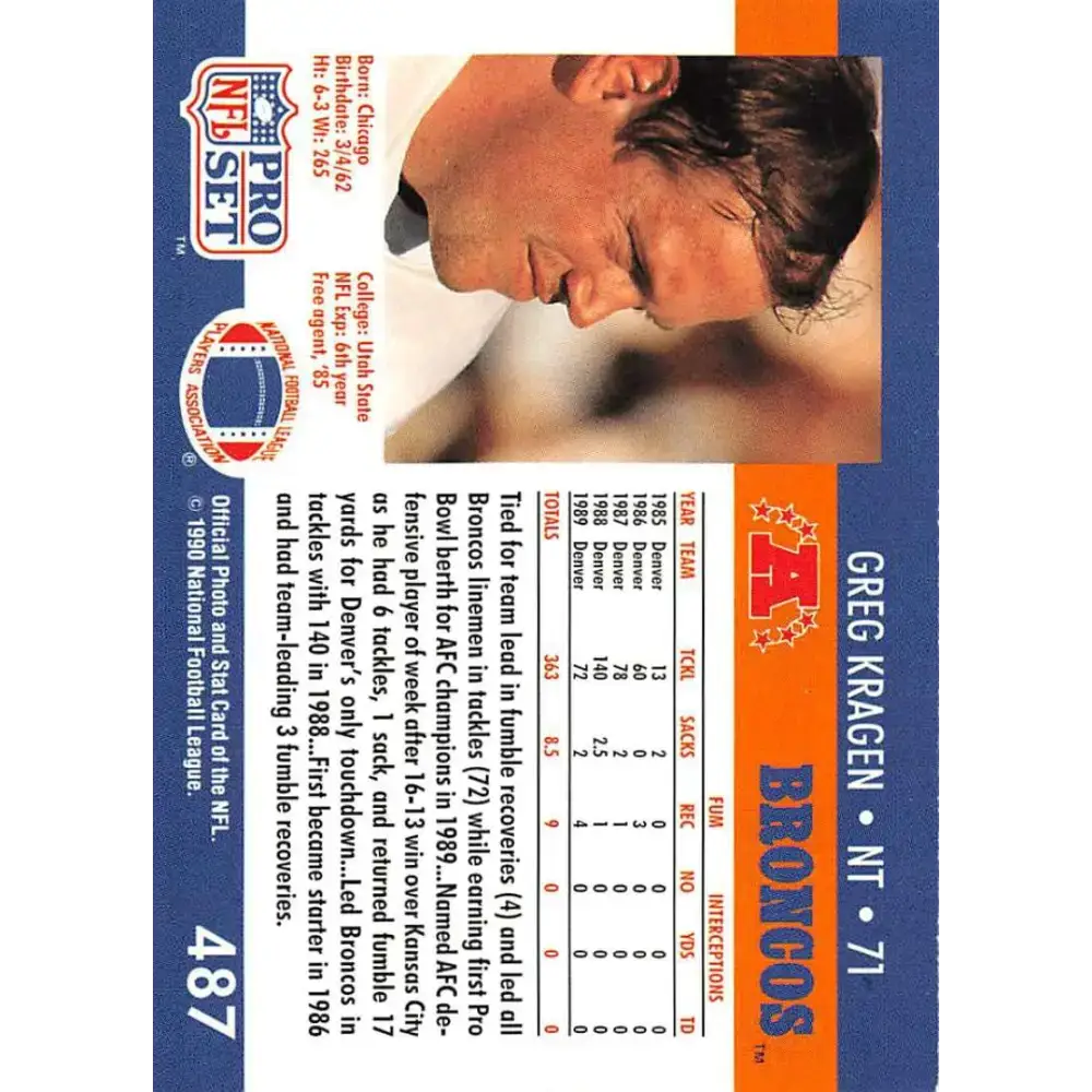 1990 Pro Set #487 Greg Kragen NM-MT Denver Broncos Football Card - Football Card Single