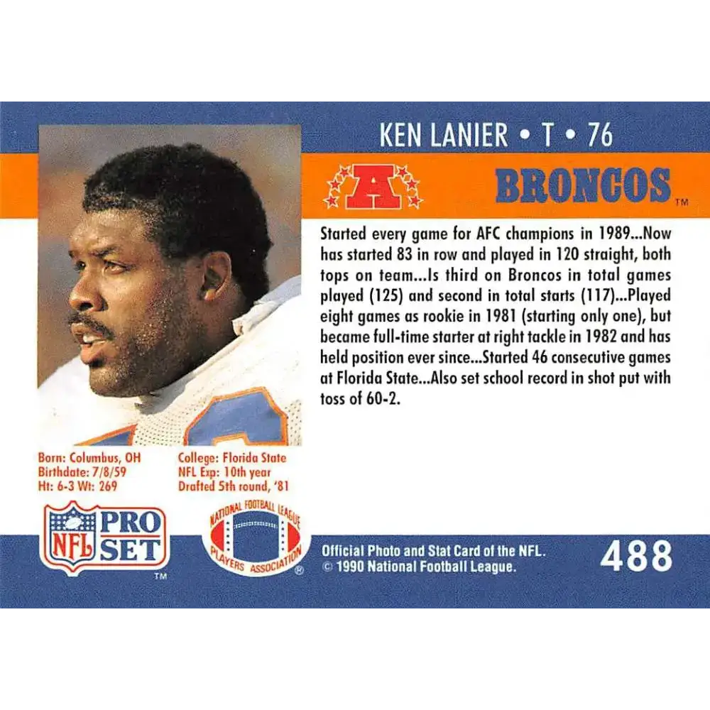 1990 Pro Set #488 Ken Lanier NM-MT RC Rookie Denver Broncos Football Card - Football Card Single