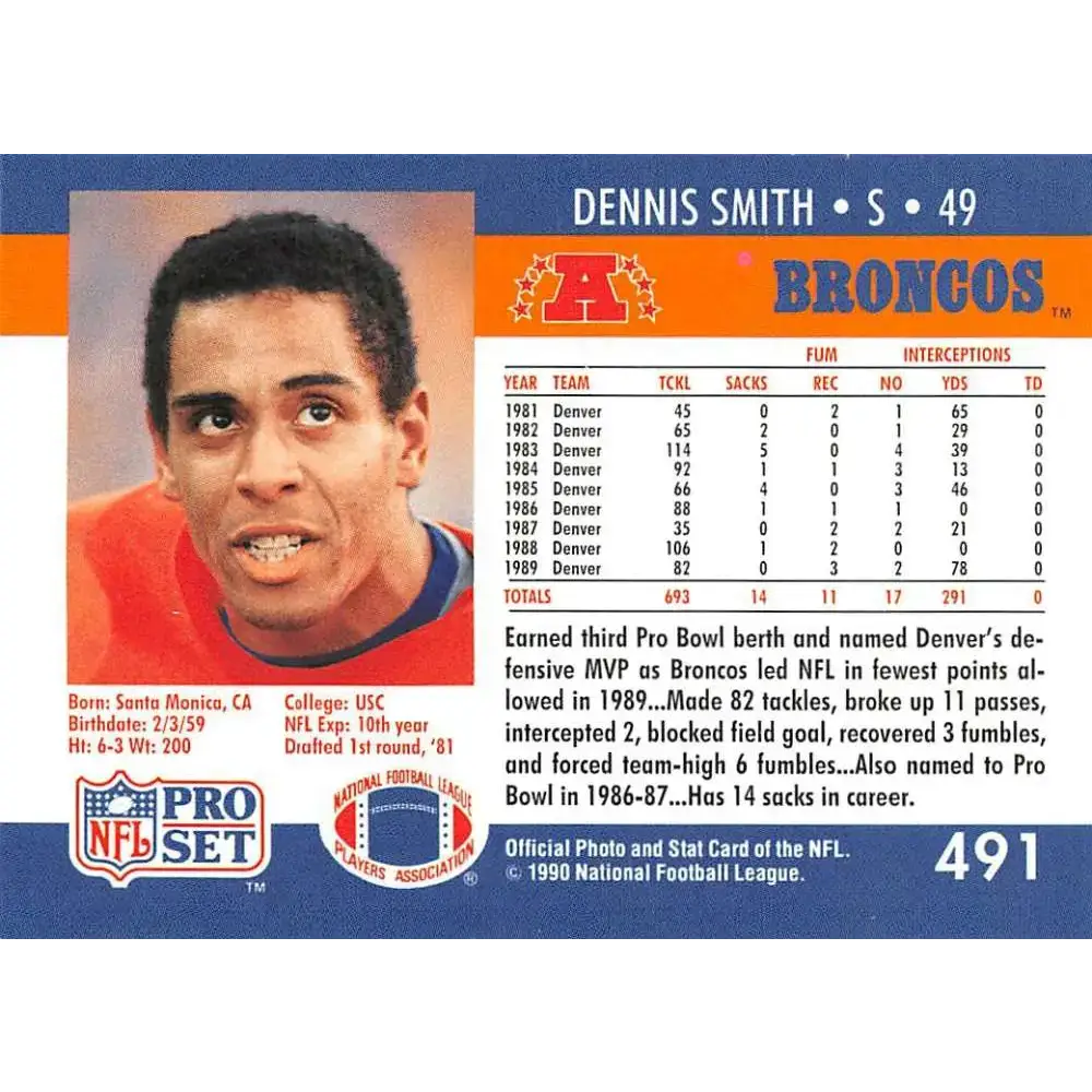 1990 Pro Set #491 Dennis Smith NM-MT Denver Broncos Football Card - Football Card Single