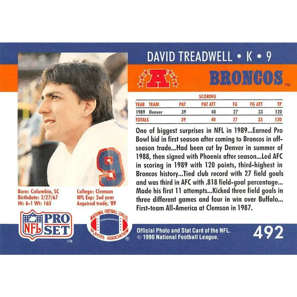 1990 Pro Set #492 David Treadwell NM-MT Denver Broncos Football Card - Football Card Single
