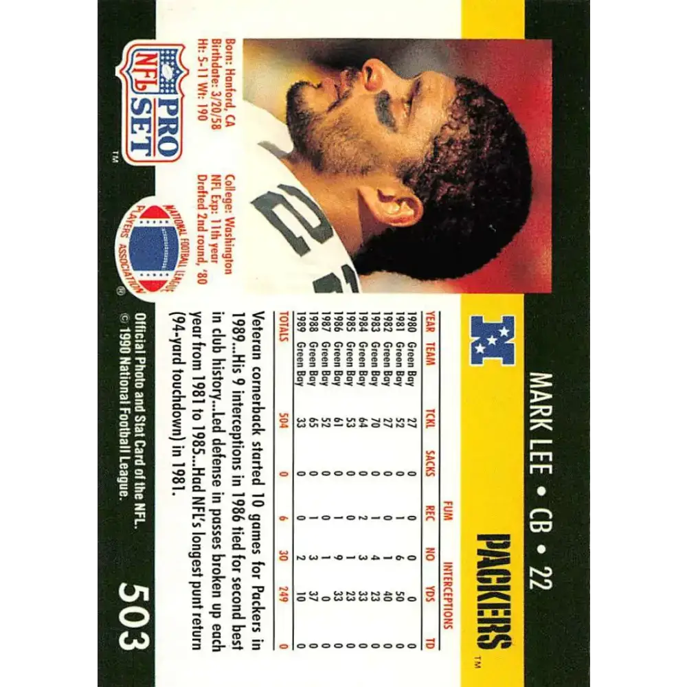 1990 Pro Set #503 Mark Lee NM-MT Green Bay Packers Football Card - Football Card Single