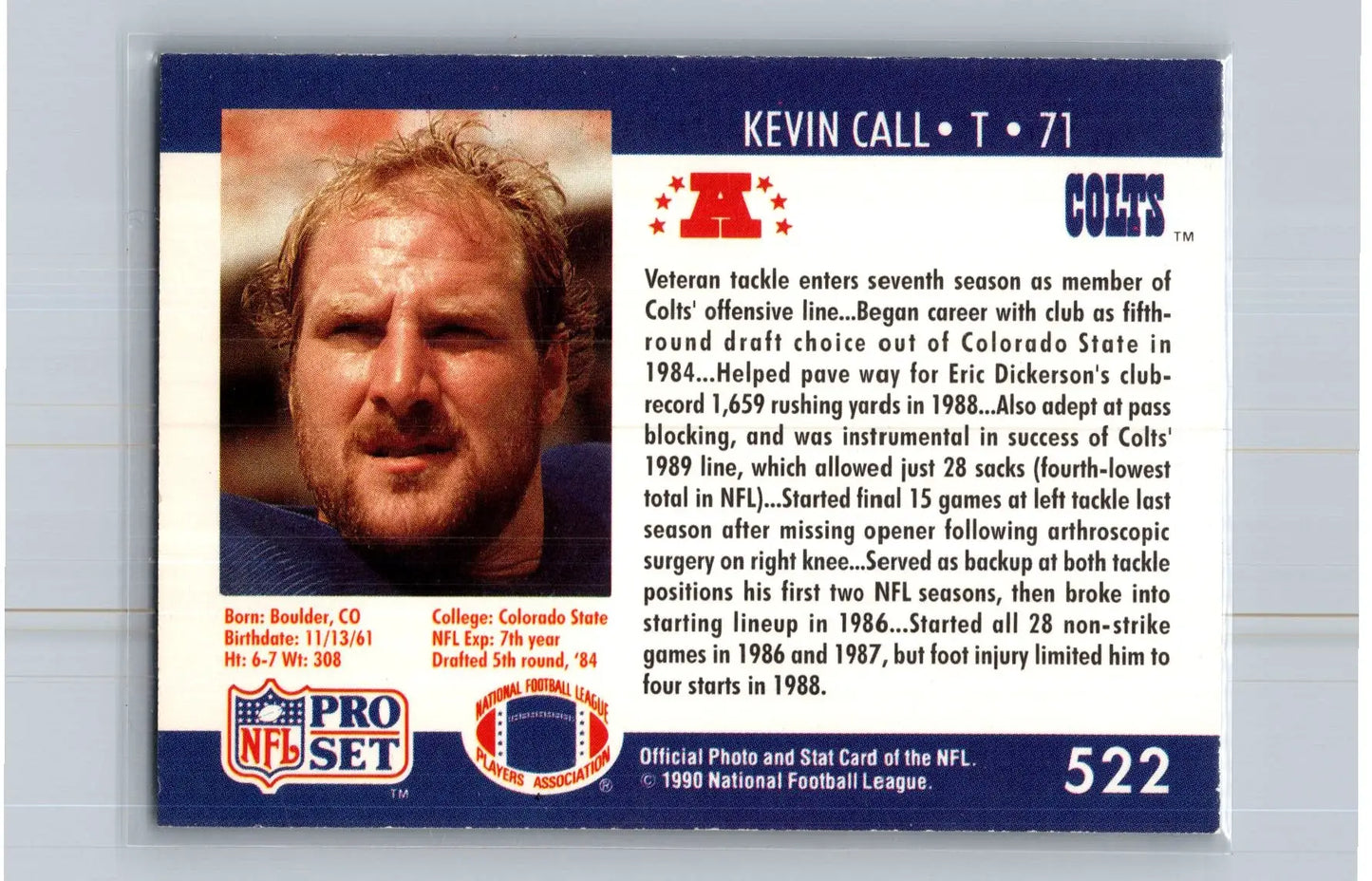 1990 Pro Set #522 Kevin Call Indianapolis Colts - Football Card Single