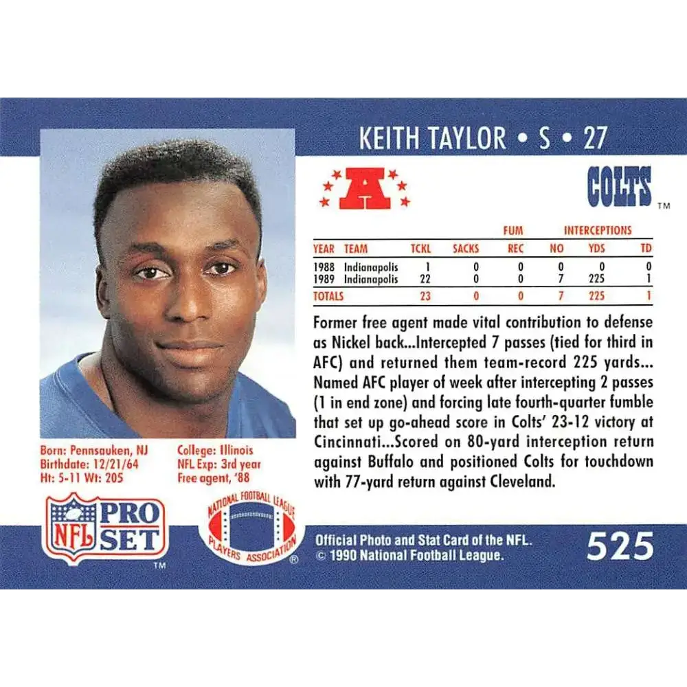 1990 Pro Set #525 Keith Taylor NM-MT Indianapolis Colts Football Card - Football Card Single