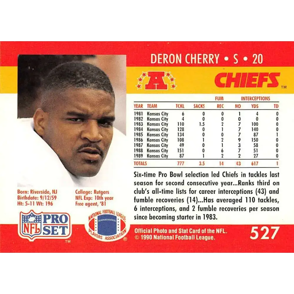1990 Pro Set #527 Deron Cherry NM-MT Kansas City Chiefs Football Card - Football Card Single