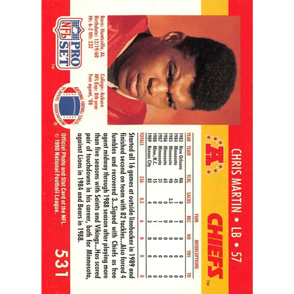 1990 Pro Set #531 Chris Martin NM-MT RC Rookie Kansas City Chiefs Football Card - Football Card Single