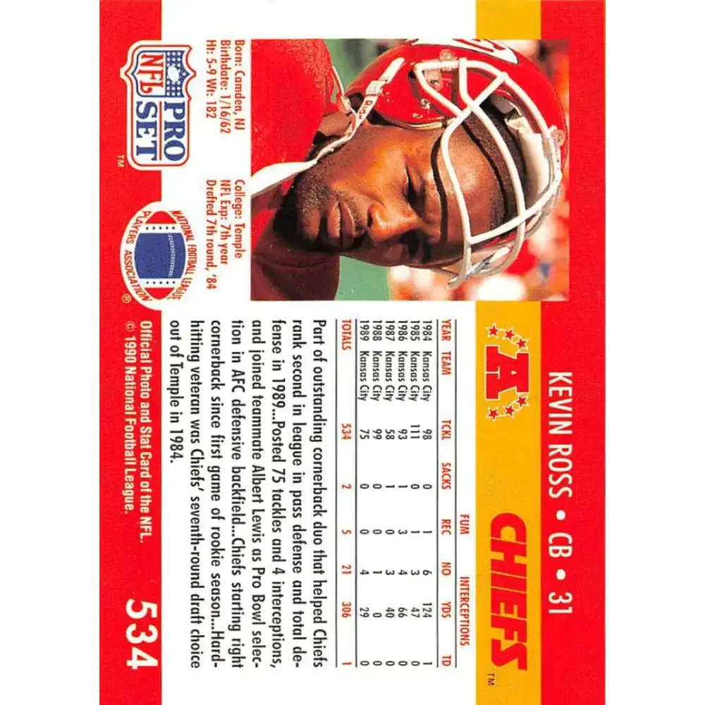 1990 Pro Set #534 Kevin Ross NM-MT Kansas City Chiefs Football Card - Football Card Single