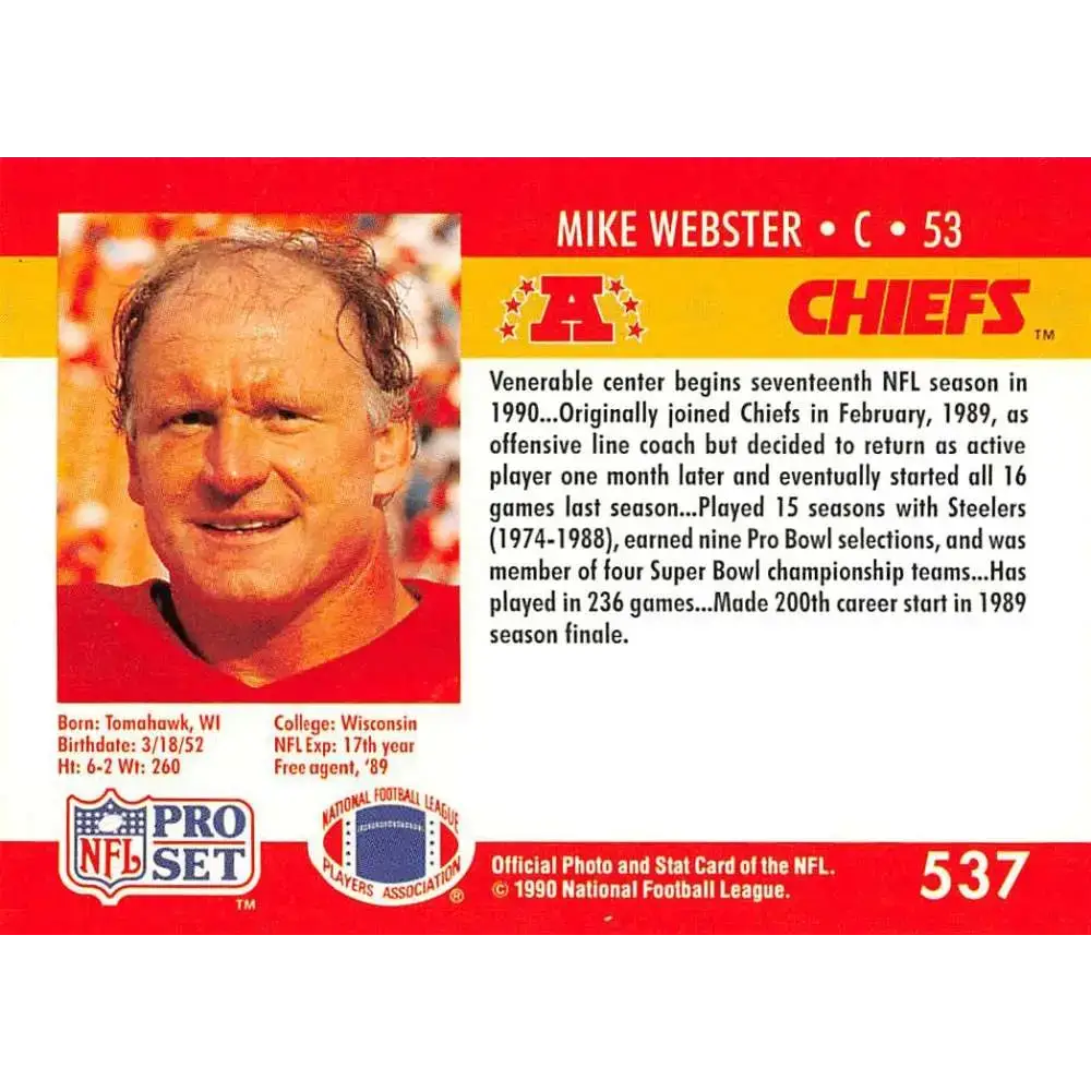 1990 Pro Set #537 Mike Webster NM-MT Kansas City Chiefs Football Card - Football Card Single