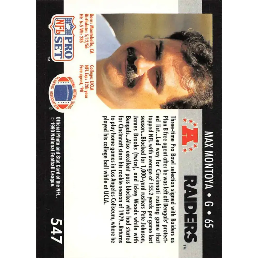 1990 Pro Set #547 Max Montoya NM-MT Los Angeles Raiders Football Card - Football Card Single
