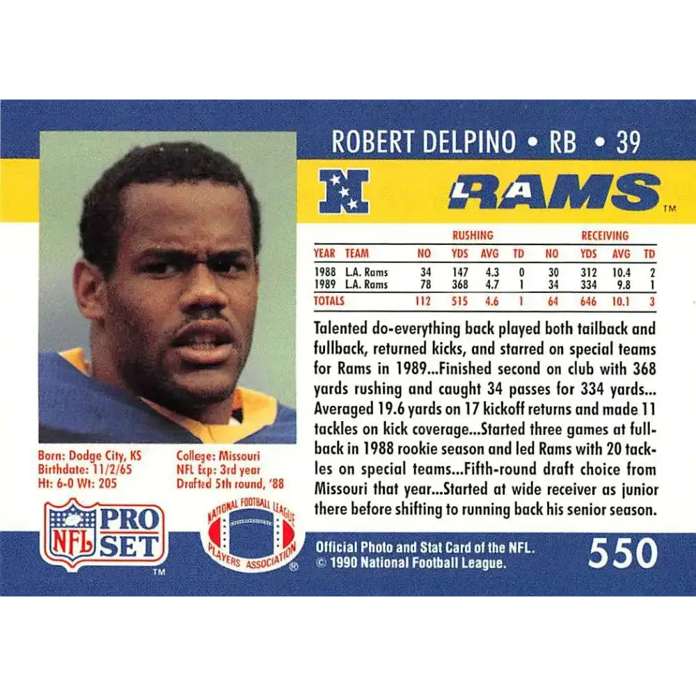 1990 Pro Set #550 Robert Delpino NM-MT Los Angeles Rams Football Card - Football Card Single
