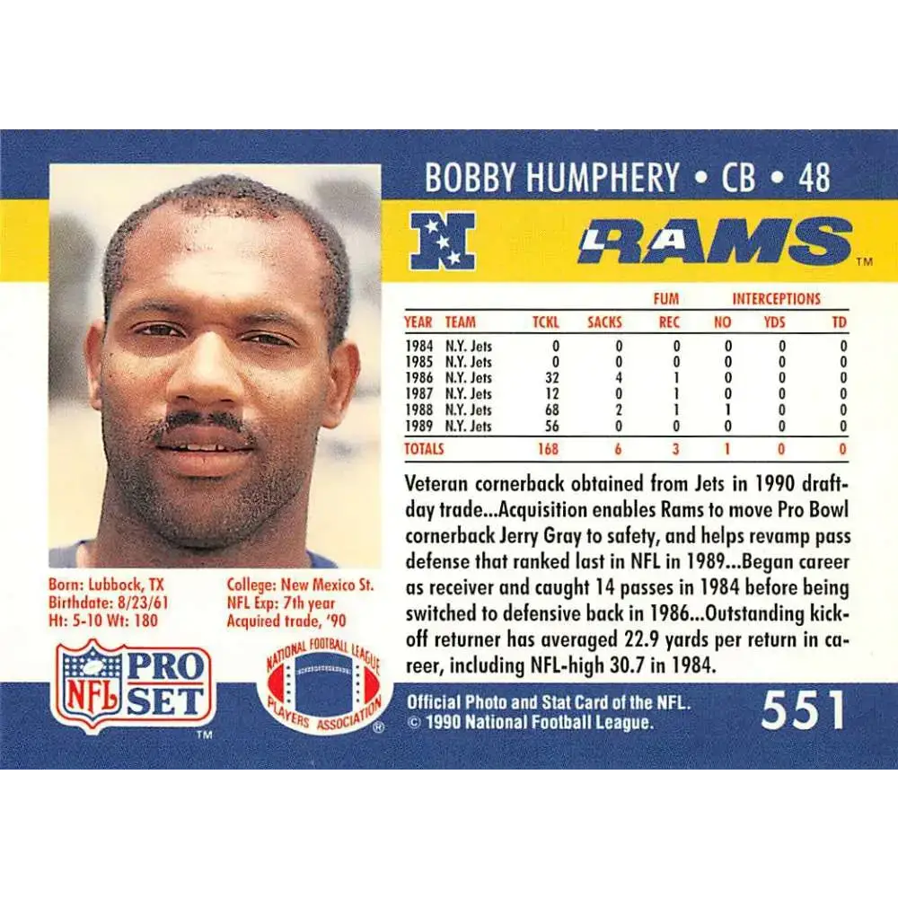 1990 Pro Set #551 Bobby Humphrey NM-MT Los Angeles Rams Football Card - Football Card Single