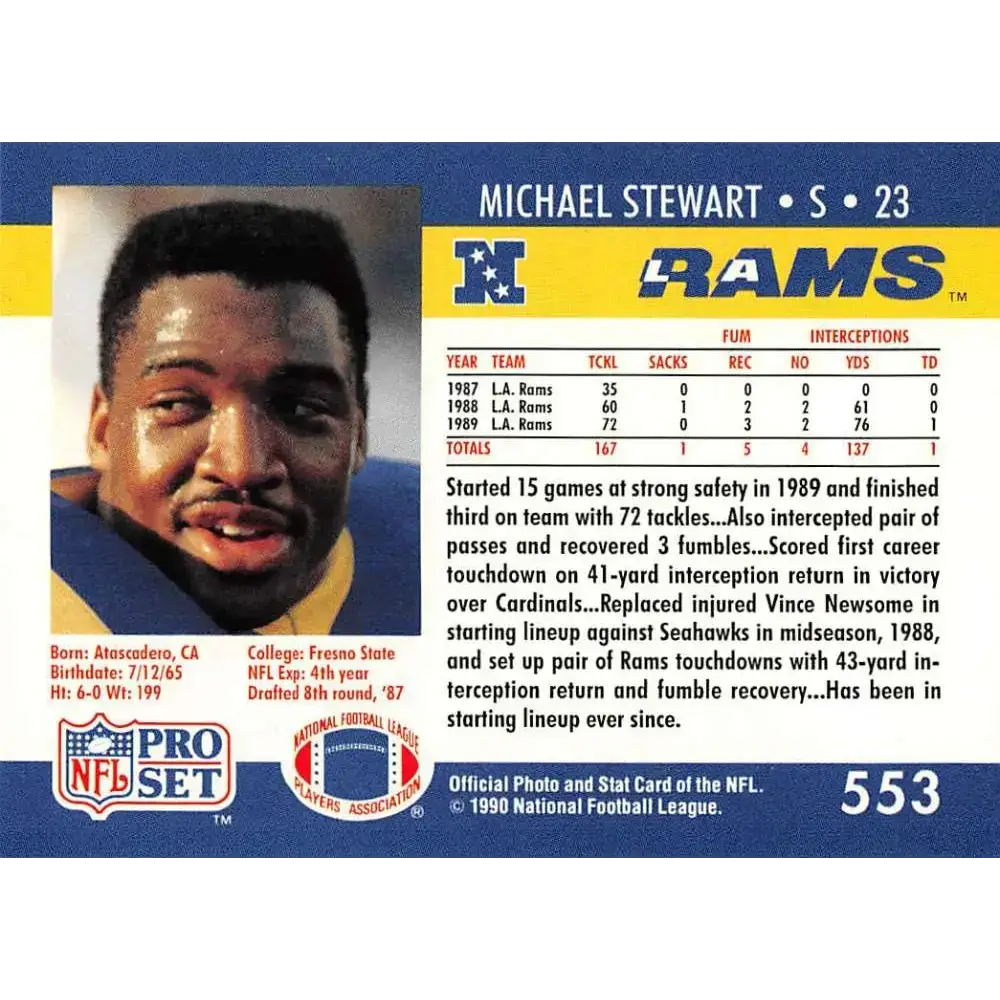1990 Pro Set #553 Michael Stewart NM-MT RC Rookie Los Angeles Rams Football Card - Football Card Single