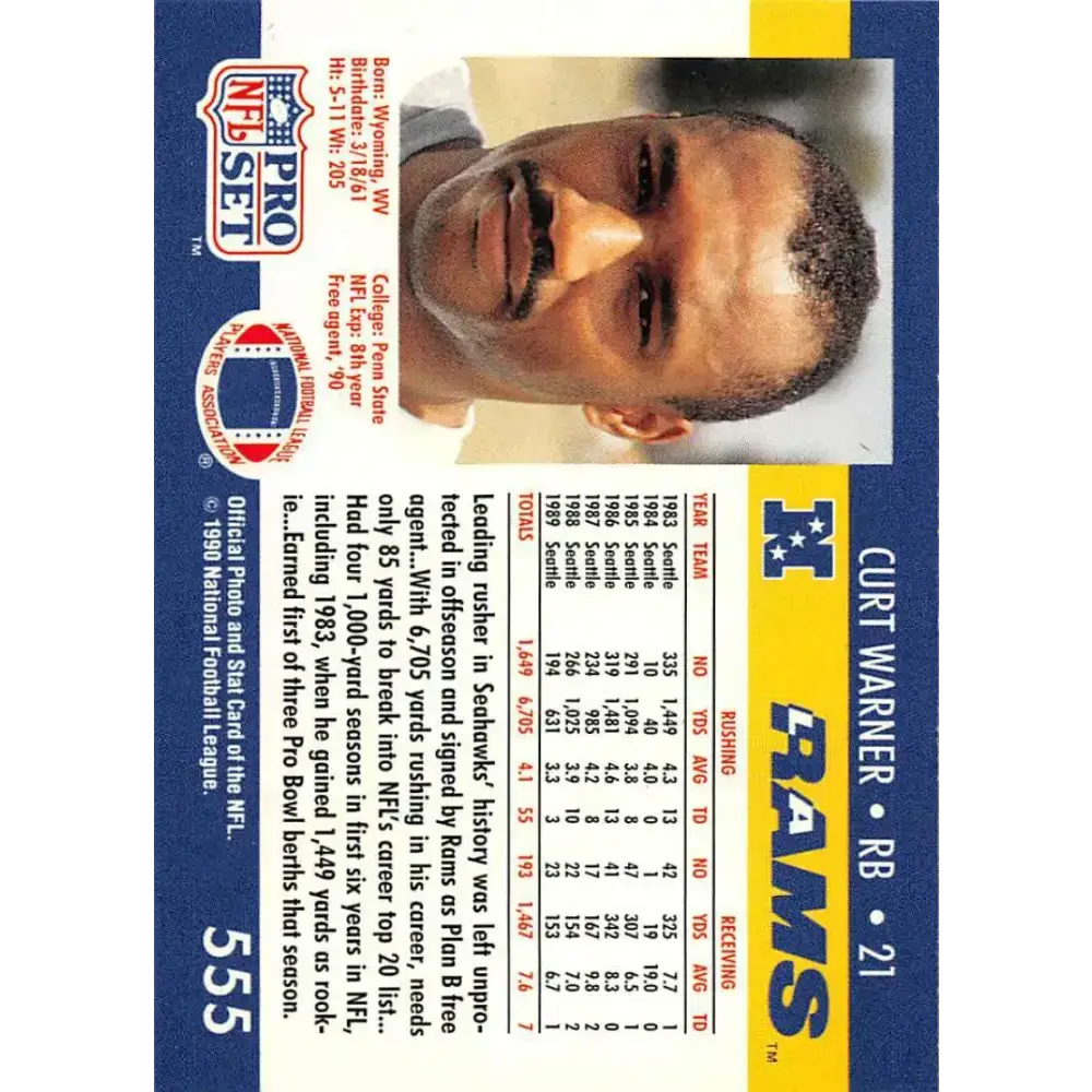 1990 Pro Set #555 Curt Warner NM-MT Los Angeles Rams Football Card - Football Card Single