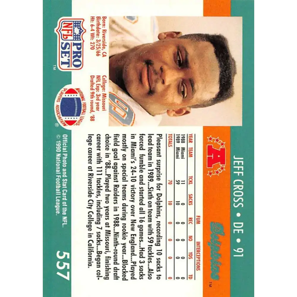 1990 Pro Set #557 Jeff Cross NM-MT Miami Dolphins Football Card - Football Card Single