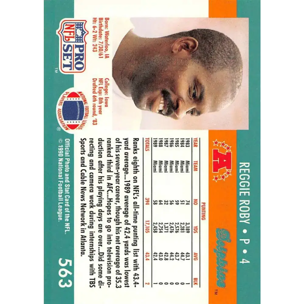 1990 Pro Set #563 Reggie Roby NM-MT Miami Dolphins Football Card - Football Card Single