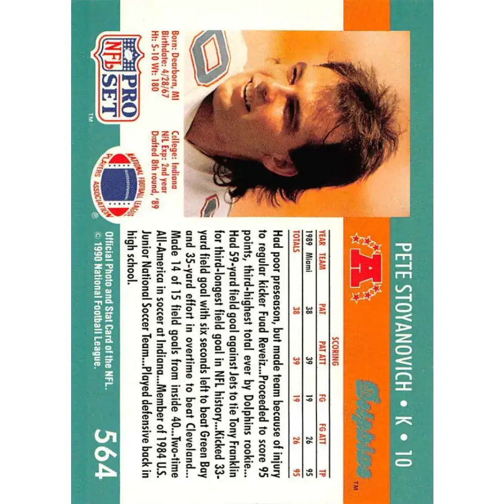 1990 Pro Set #564 Pete Stoyanovich NM-MT Miami Dolphins Football Card - Football Card Single
