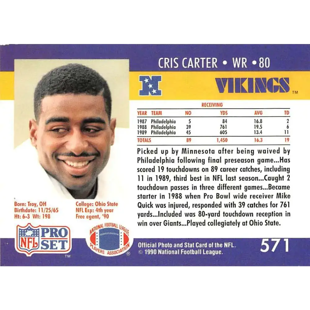 1990 Pro Set #571 Cris Carter NM-MT Minnesota Vikings Football Card - Football Card Single
