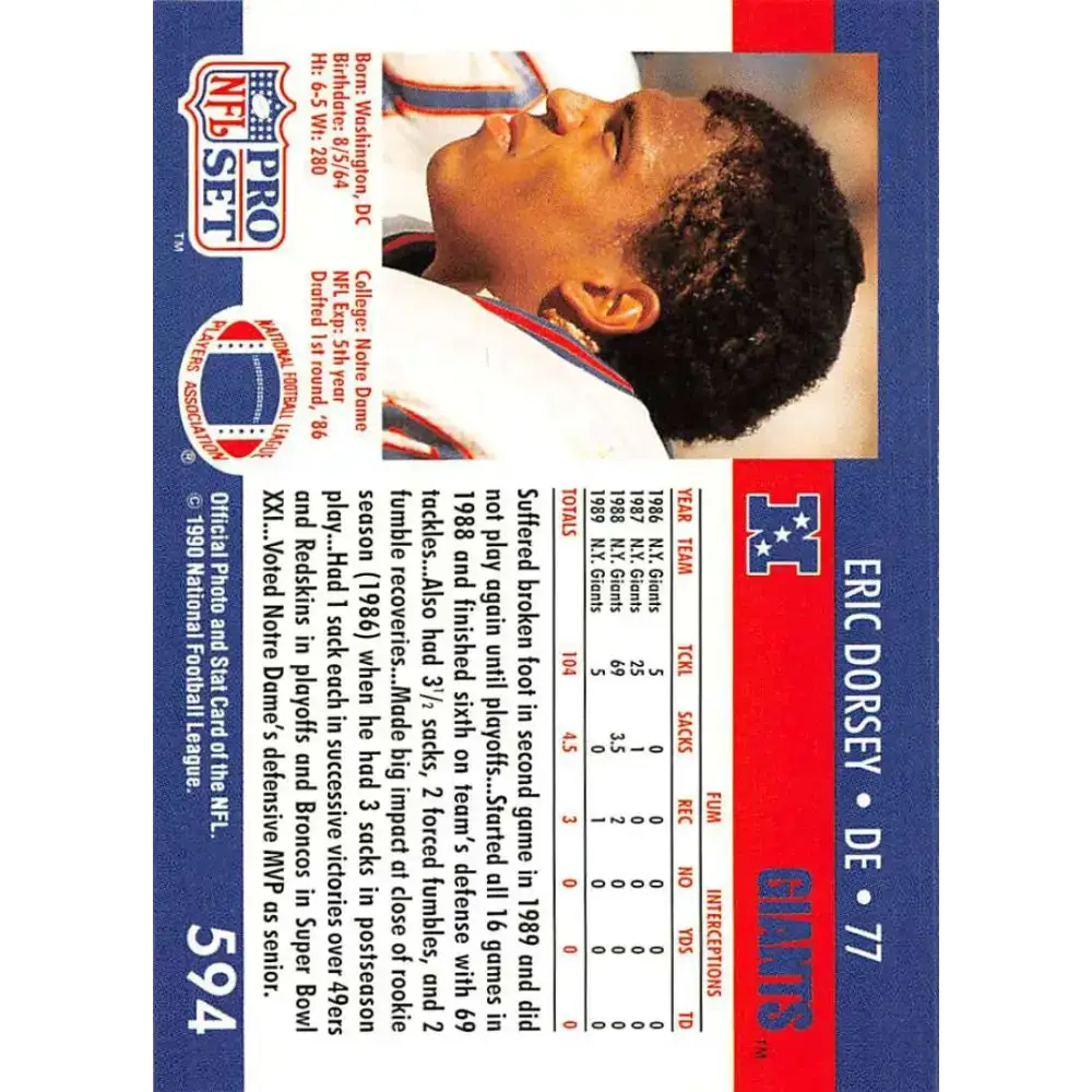 1990 Pro Set #594 Eric Dorsey NM-MT RC Rookie New York Giants Football Card - Football Card Single