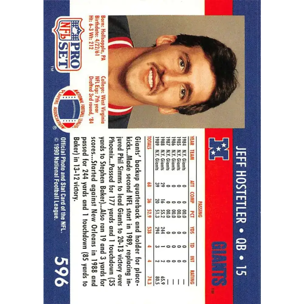 1990 Pro Set #596 Jeff Hostetler NM-MT RC Rookie New York Giants Football Card - Football Card Single
