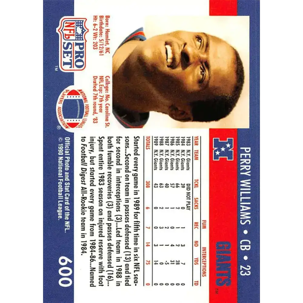 1990 Pro Set #600 Perry Williams NM-MT New York Giants Football Card - Football Card Single