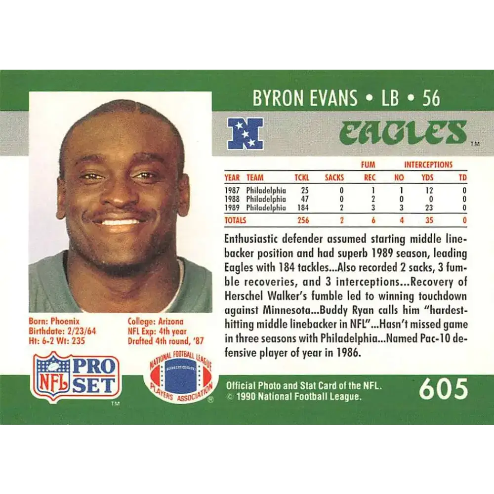 1990 Pro Set #605 Byron Evans NM-MT RC Rookie Philadelphia Eagles Football Card - Football Card Single