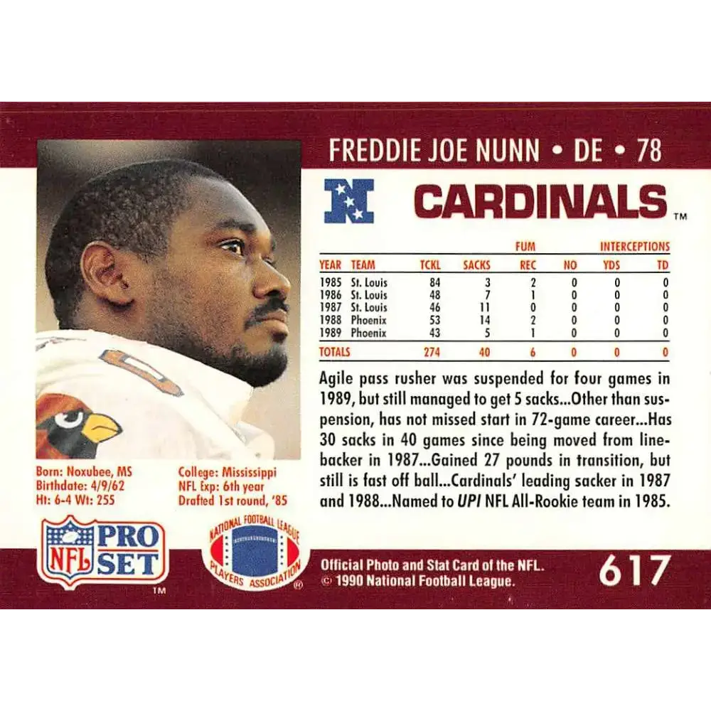 1990 Pro Set #617 Freddie Joe Nunn NM-MT Phoenix Cardinals Football Card - Football Card Single