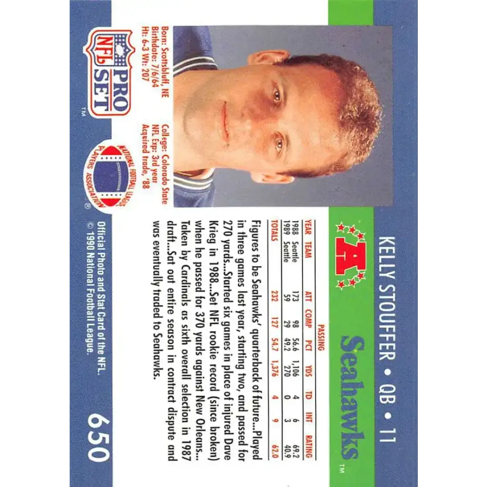 1990 Pro Set #650 Kelly Stouffer NM-MT Seattle Seahawks Football Card - Football Card Single