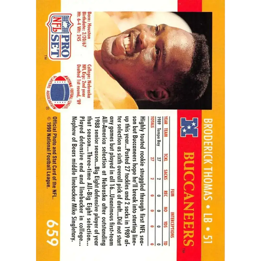 1990 Pro Set #659 Broderick Thomas NM-MT Tampa Bay Buccaneers Football Card - Football Card Single