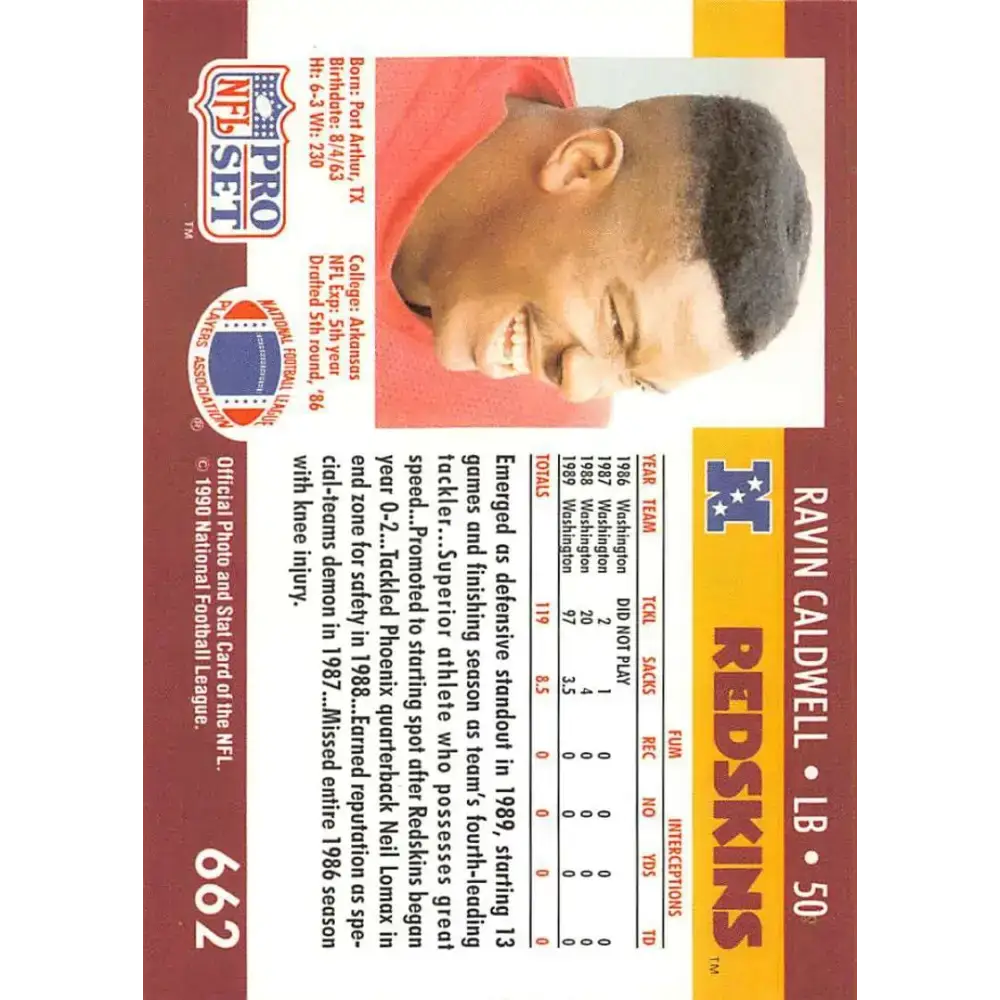 1990 Pro Set #662 Ravin Caldwell NM-MT RC Rookie Washington Redskins Football Card - Football Card Single