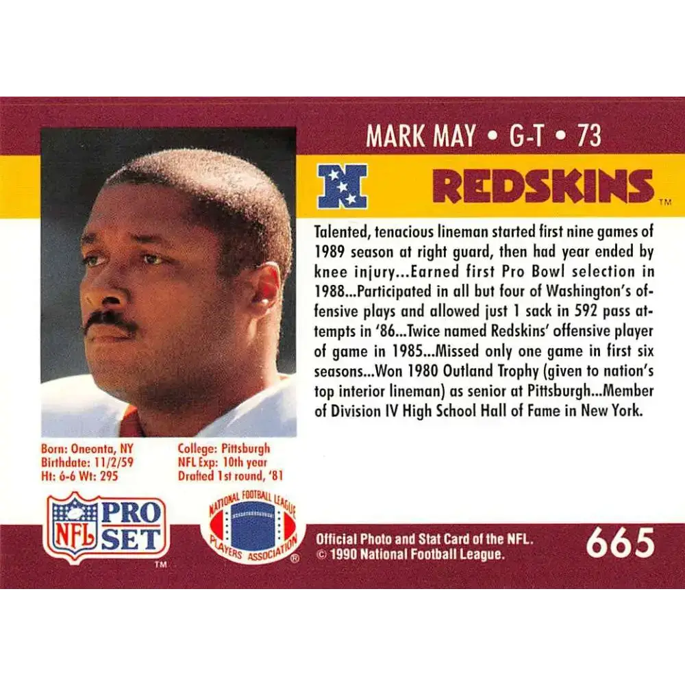 1990 Pro Set #665 Mark May NM-MT Washington Redskins Football Card - Football Card Single